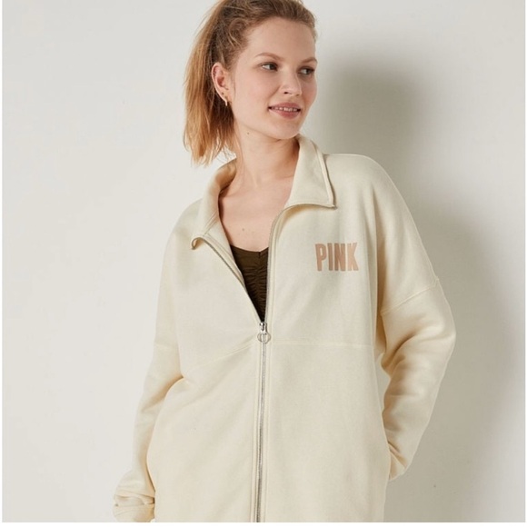 🤍 VS PINK Fleece Oversized Zip-Up Sweatshirt NEW - Picture 2 of 7